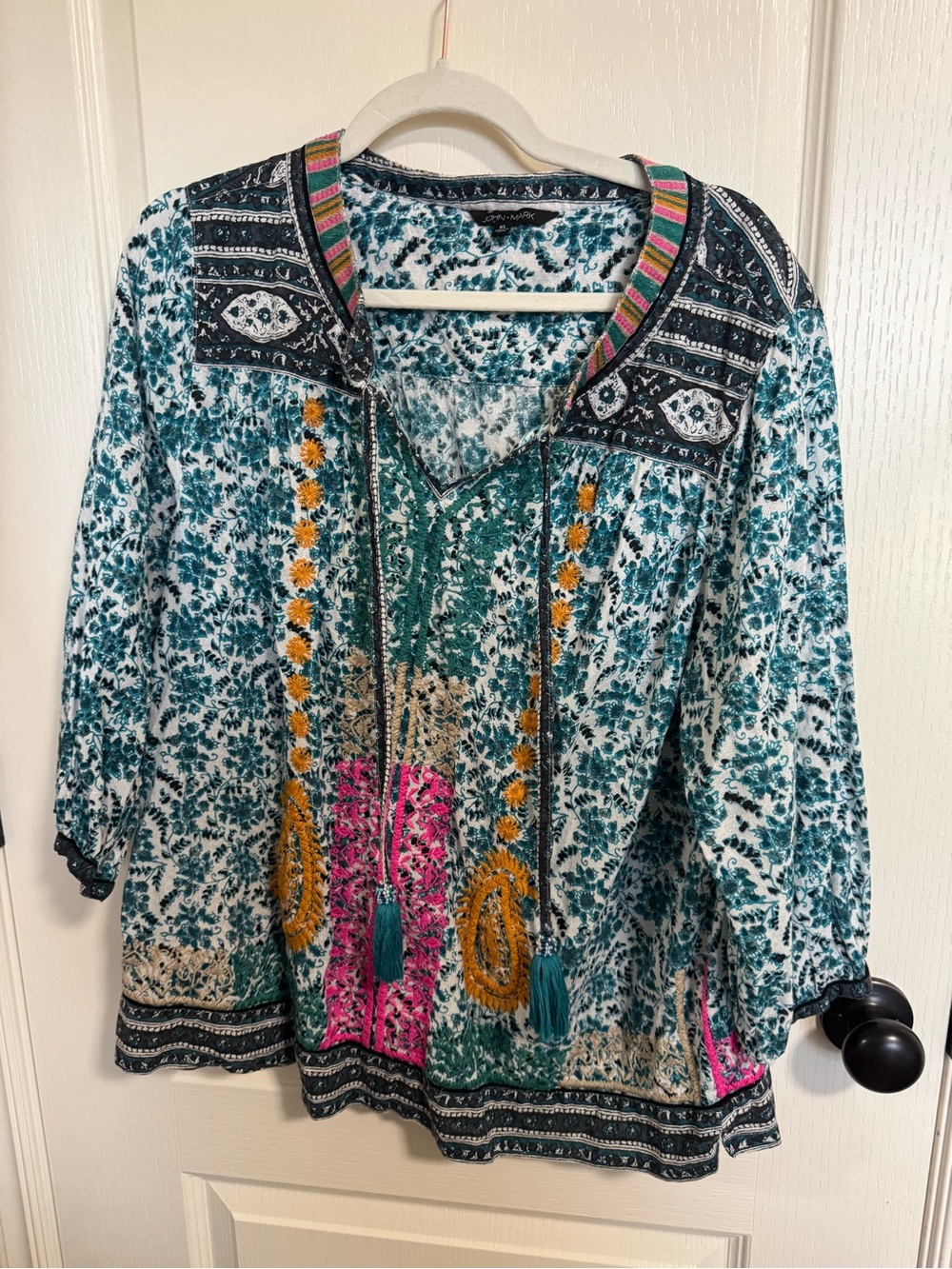 John Mark XL Boho Embroidered Floral Tassel Blouse